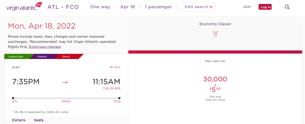 Virgin Atlantic ATL-FCO Flight Screenshot