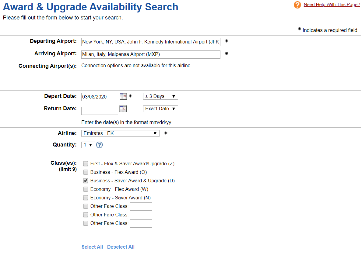 ExpertFlyer Upgrade Search