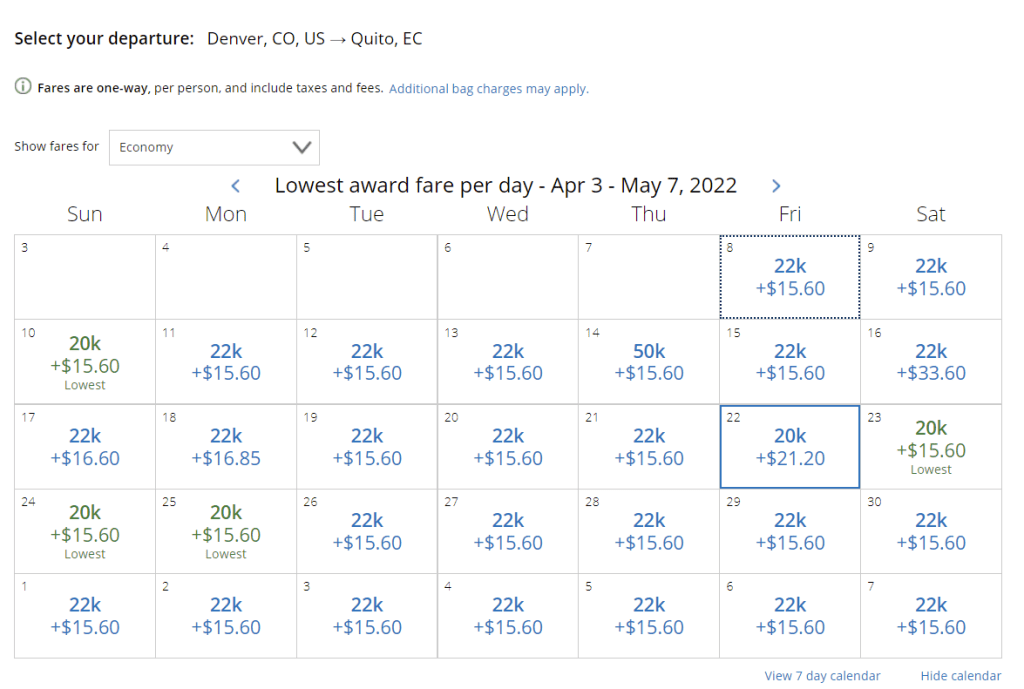 United Airlines DEN-UIO Award Flight Calendar Screenshot
